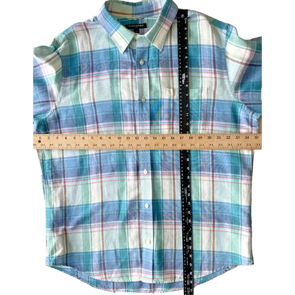 Banana Republic Shirt Mens XL Green Blue Plaid Linen Long Sleeve Office Preppy
